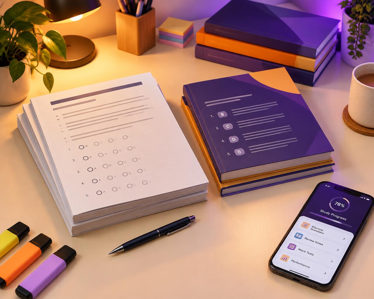 Qprep question bank books and solved papers on a study desk